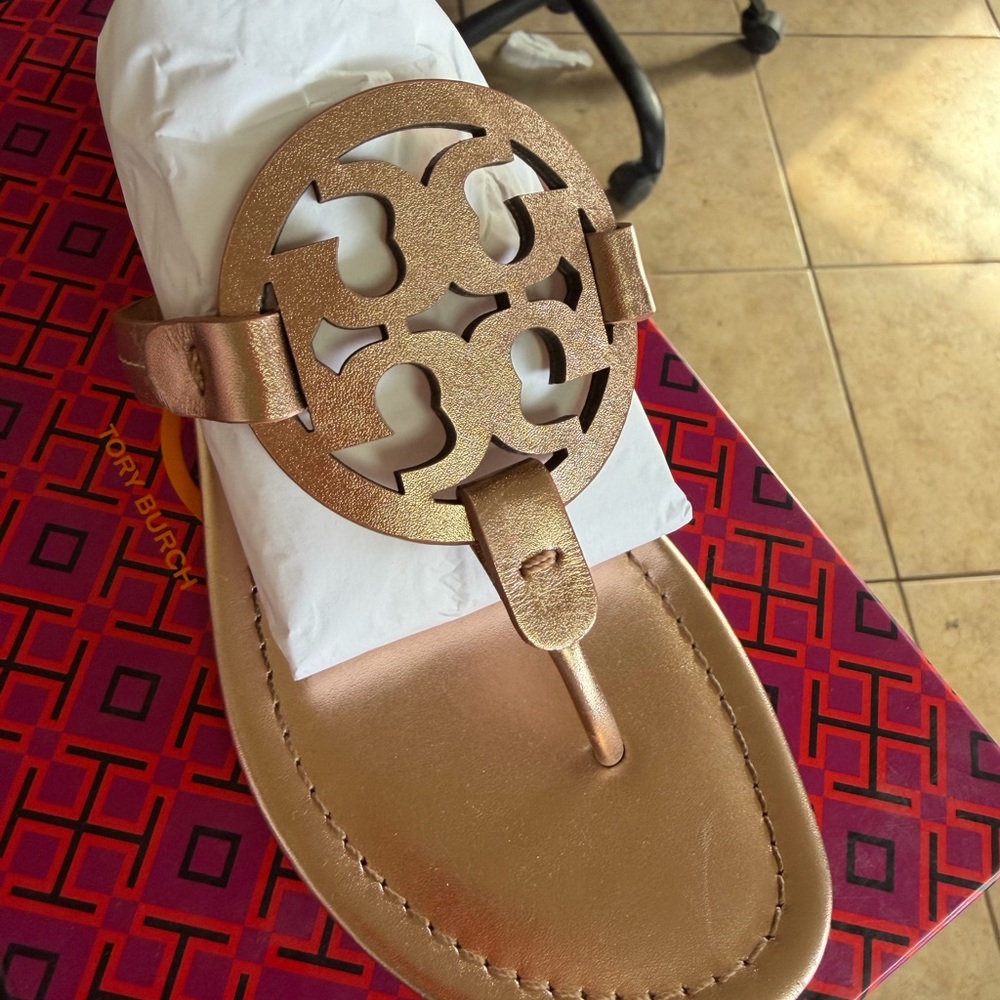 Tory Burch Rose Gold Logo Sandals